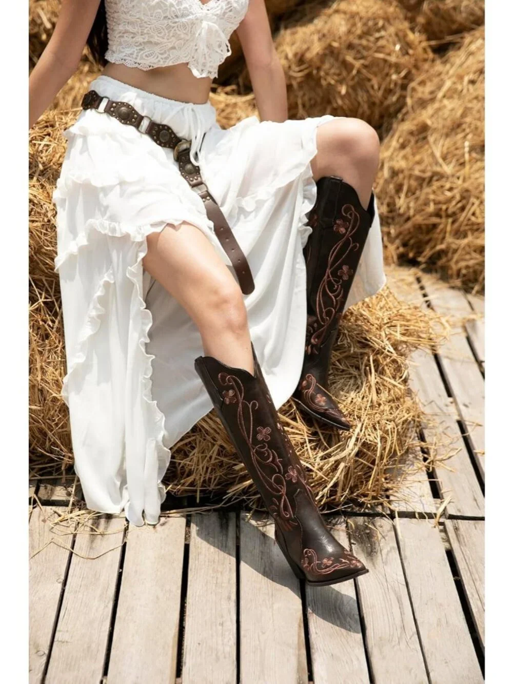 Women's Dark Brown pu Knee High Floral Embroidered Vintage Cowgirl Boots
